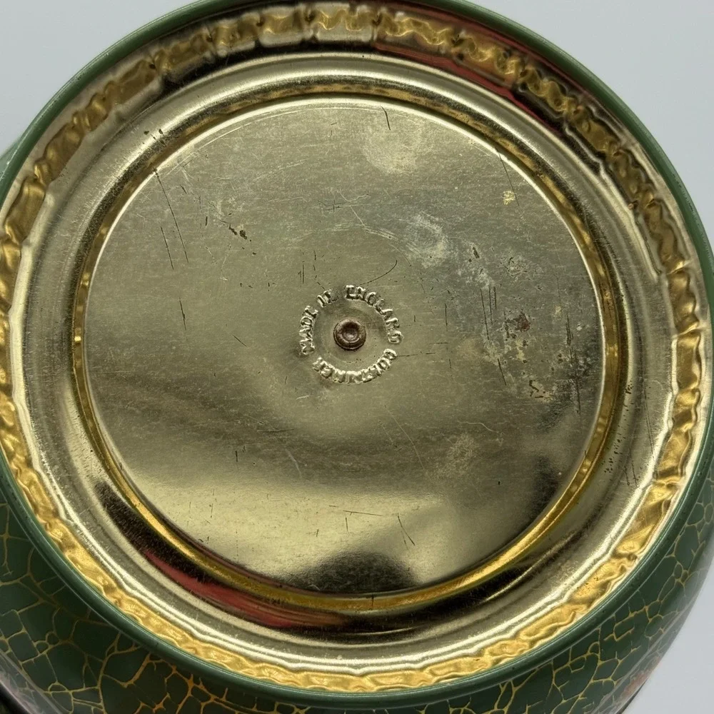 Vintage Daher England Green Crackle Floral Pedestal Candy Tin Acorn Knob Lid